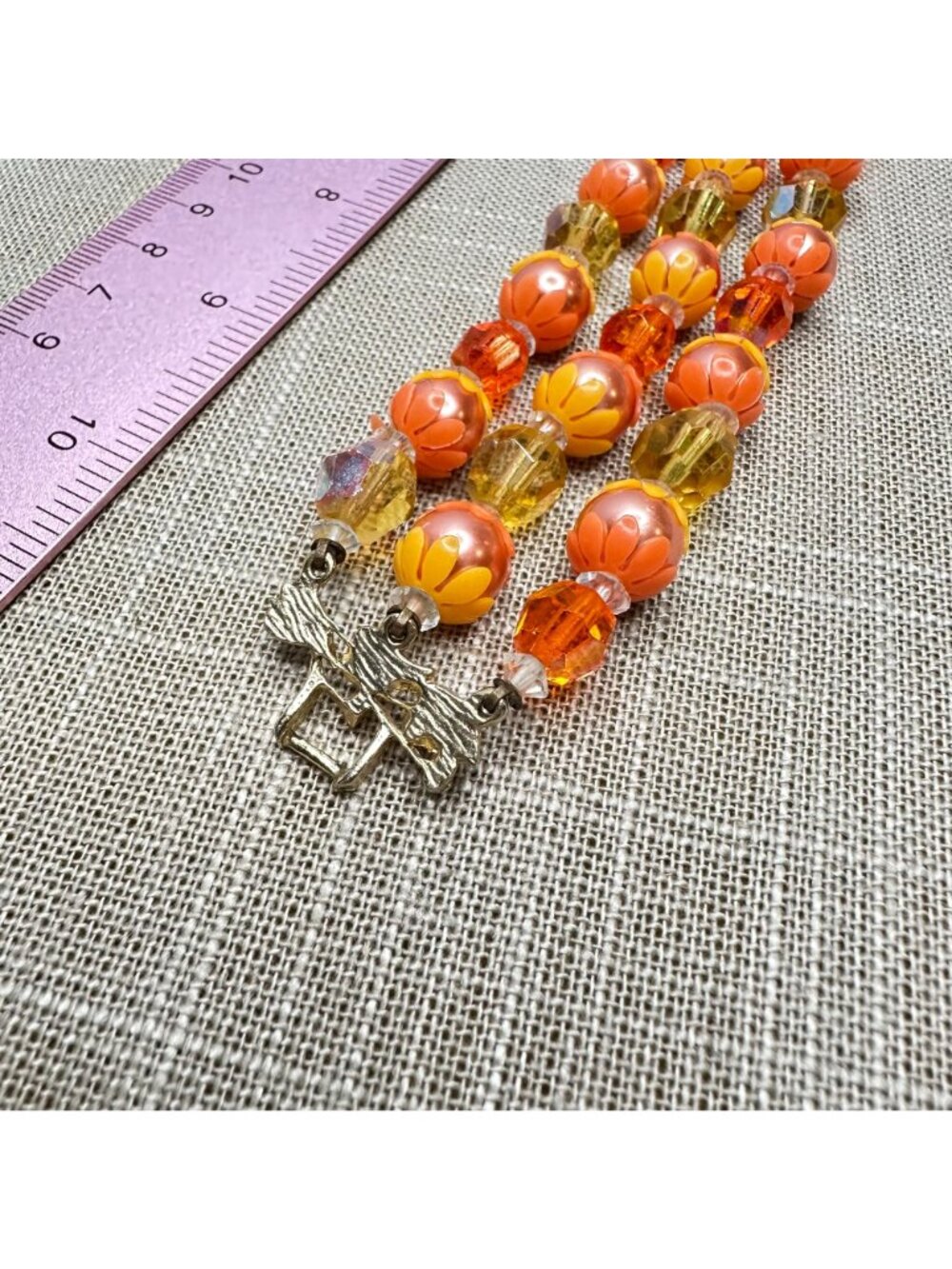 Vintage 1960s Three-Strand Lucite Bead Bracelet Mod Orange & Yellow Flower Retro - Picture 8 of 12